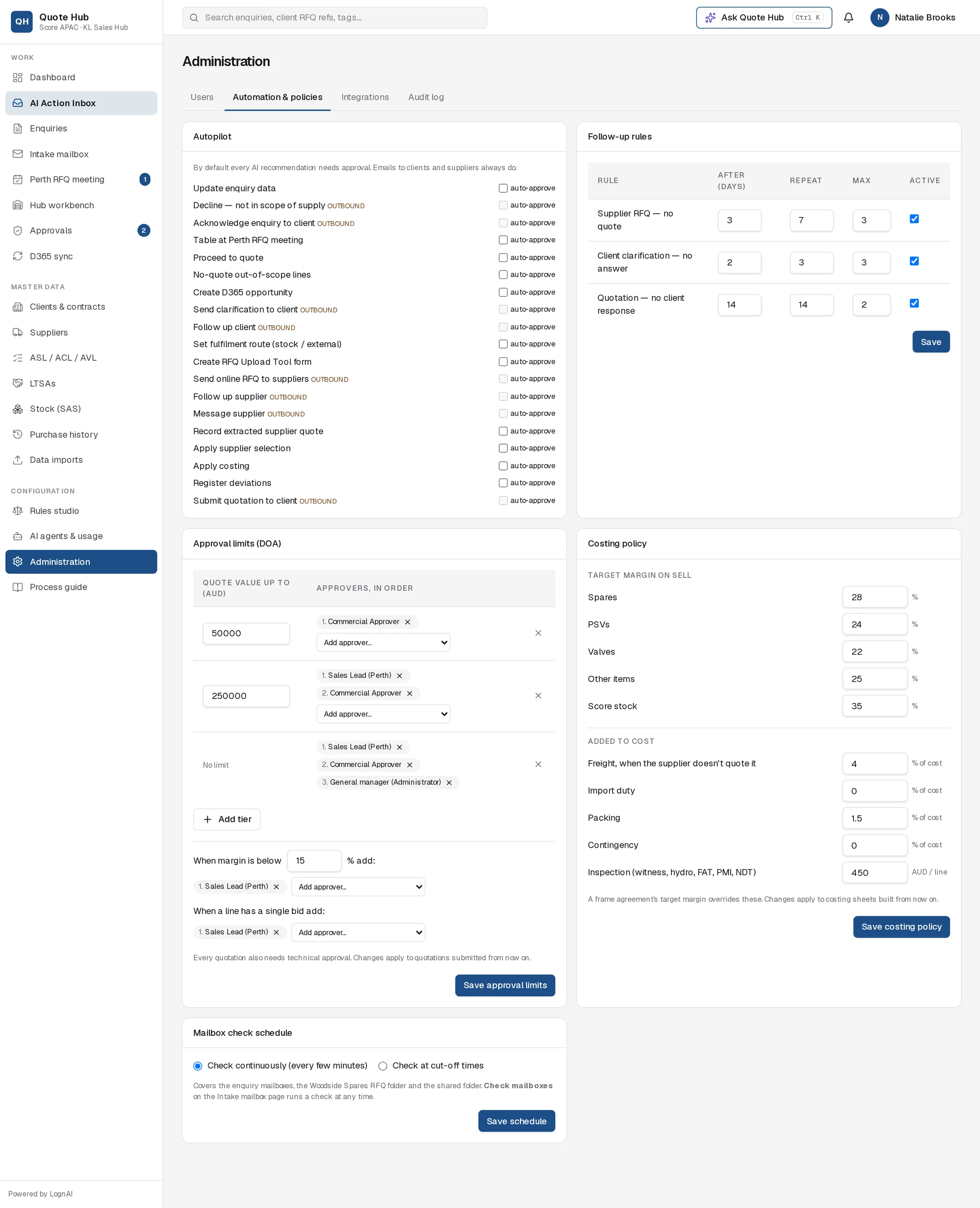 Automation & policies tab with Autopilot, Follow-up rules, Approval limits, Costing policy and Mailbox check schedule