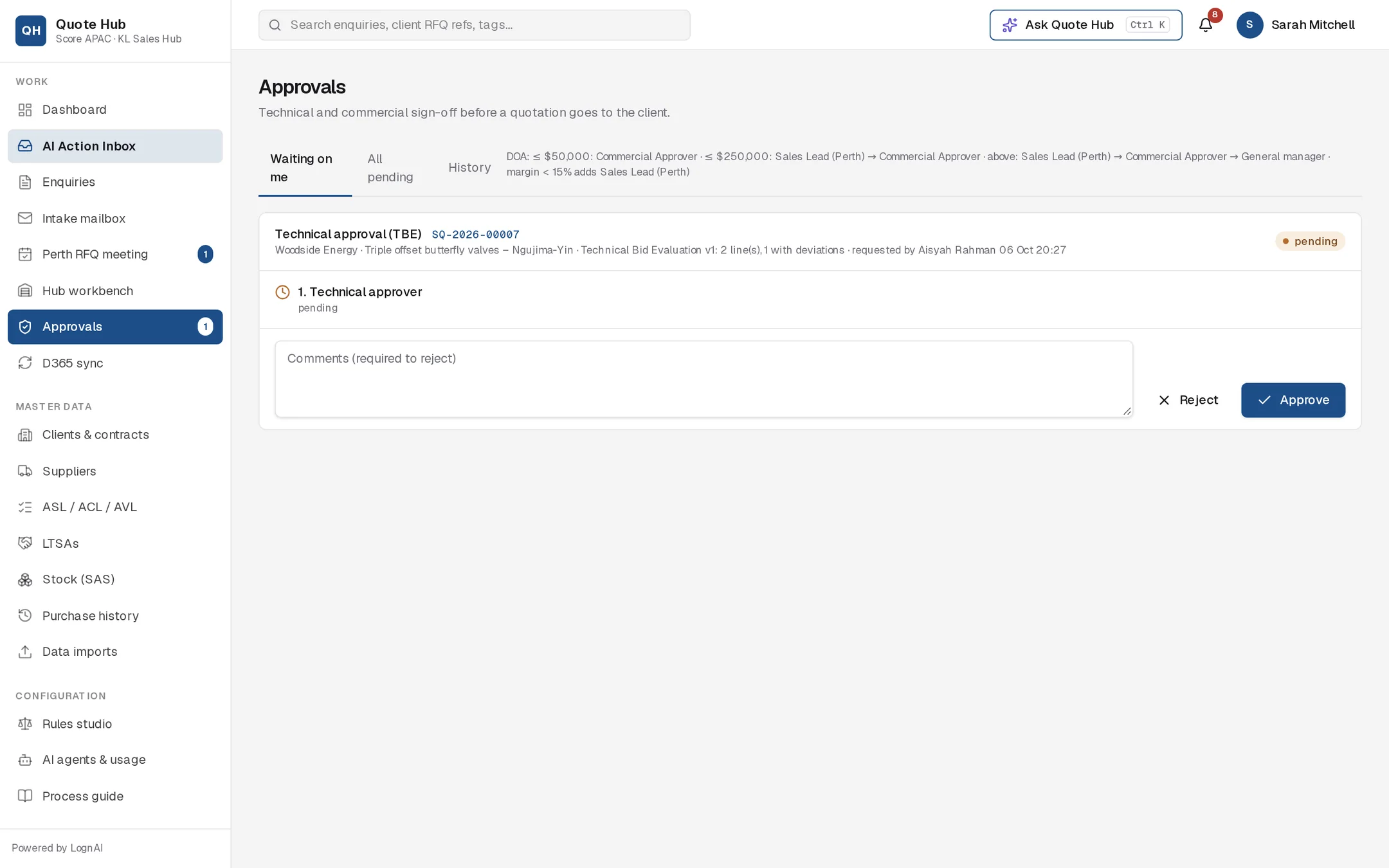 Technical approver's queue with one technical approval waiting