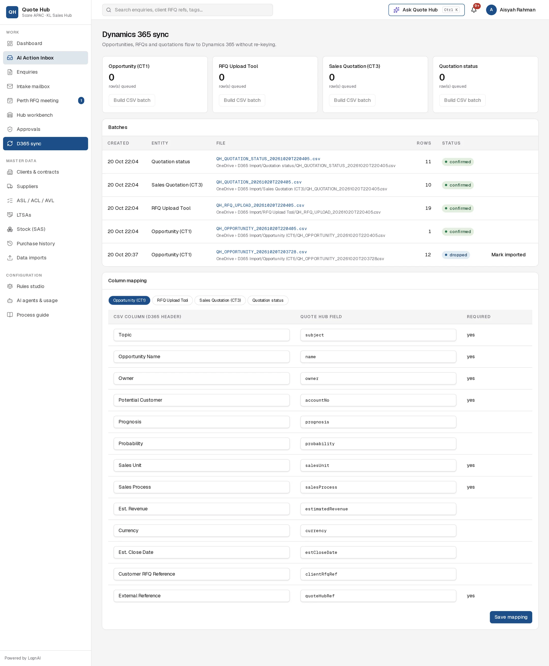 Dynamics 365 sync page with queued row counts, one dropped batch and the column mapping for Opportunity (CT1)