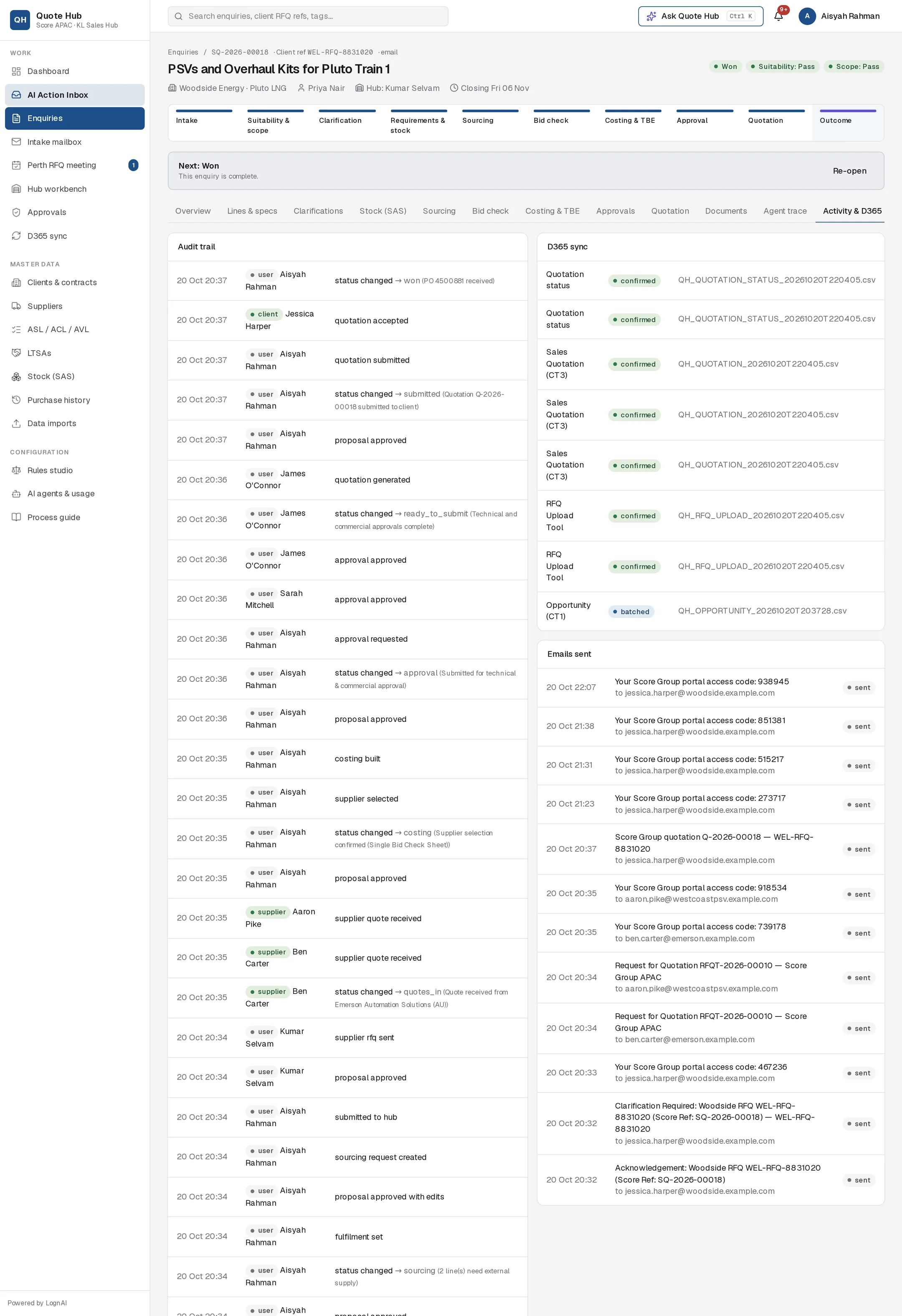 Activity & D365 tab of SQ-2026-00018 with the audit trail, D365 rows and emails sent