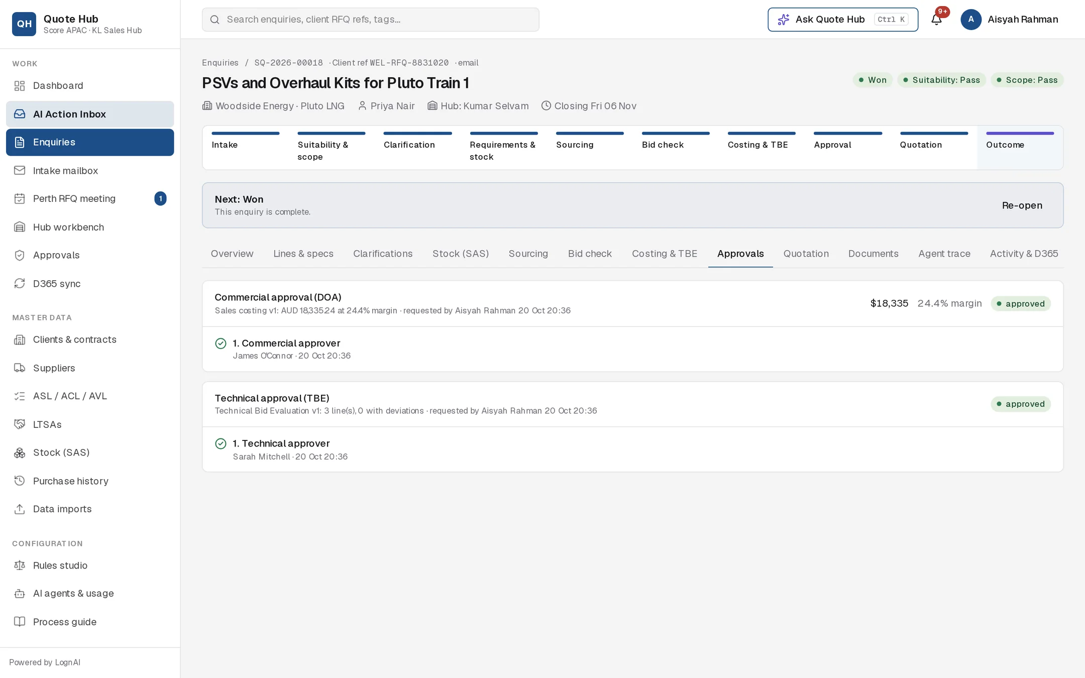 Approvals tab with commercial and technical approvals both approved