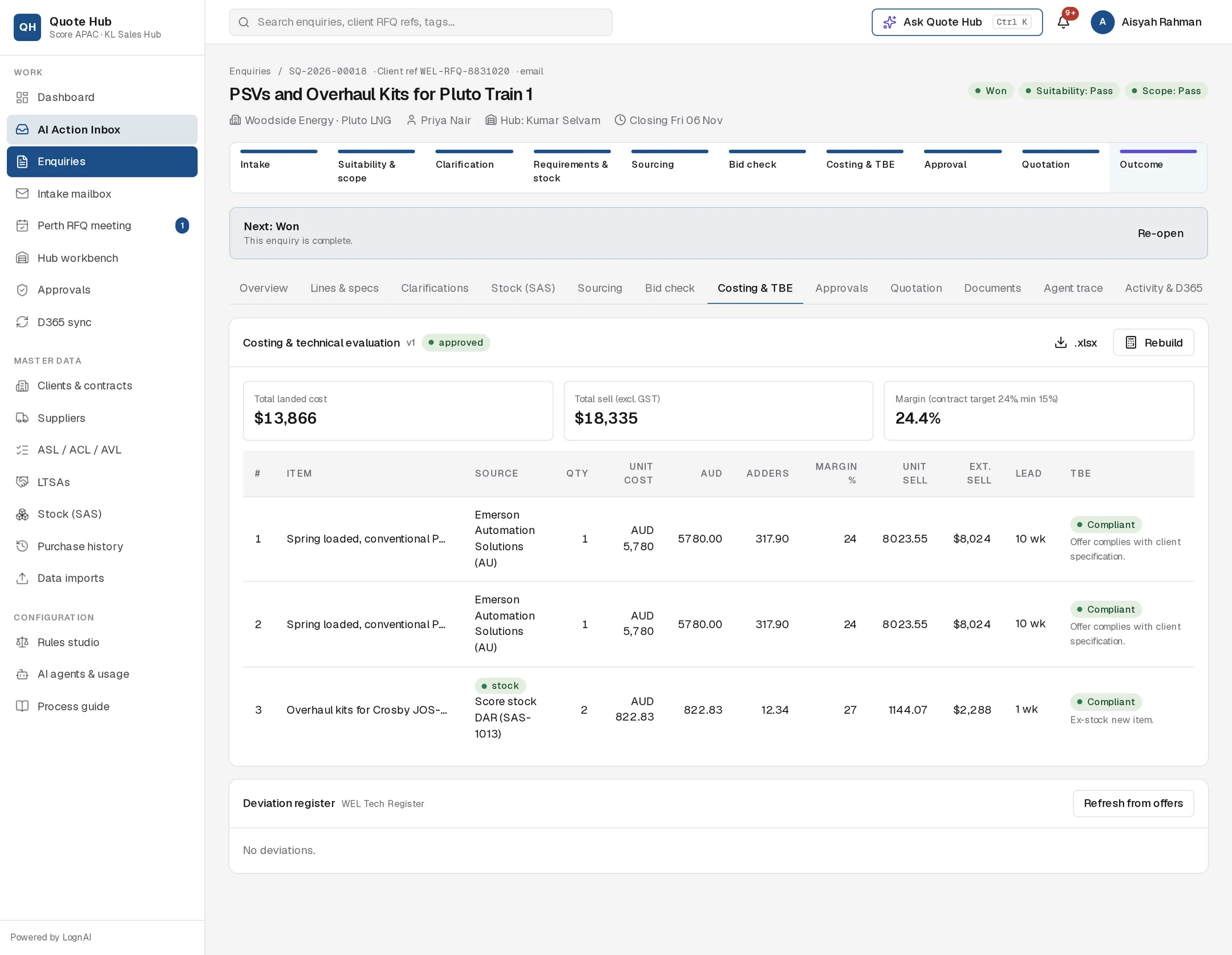 Approved costing sheet with two supplier lines and one stock line, totals and an empty WEL Tech Register