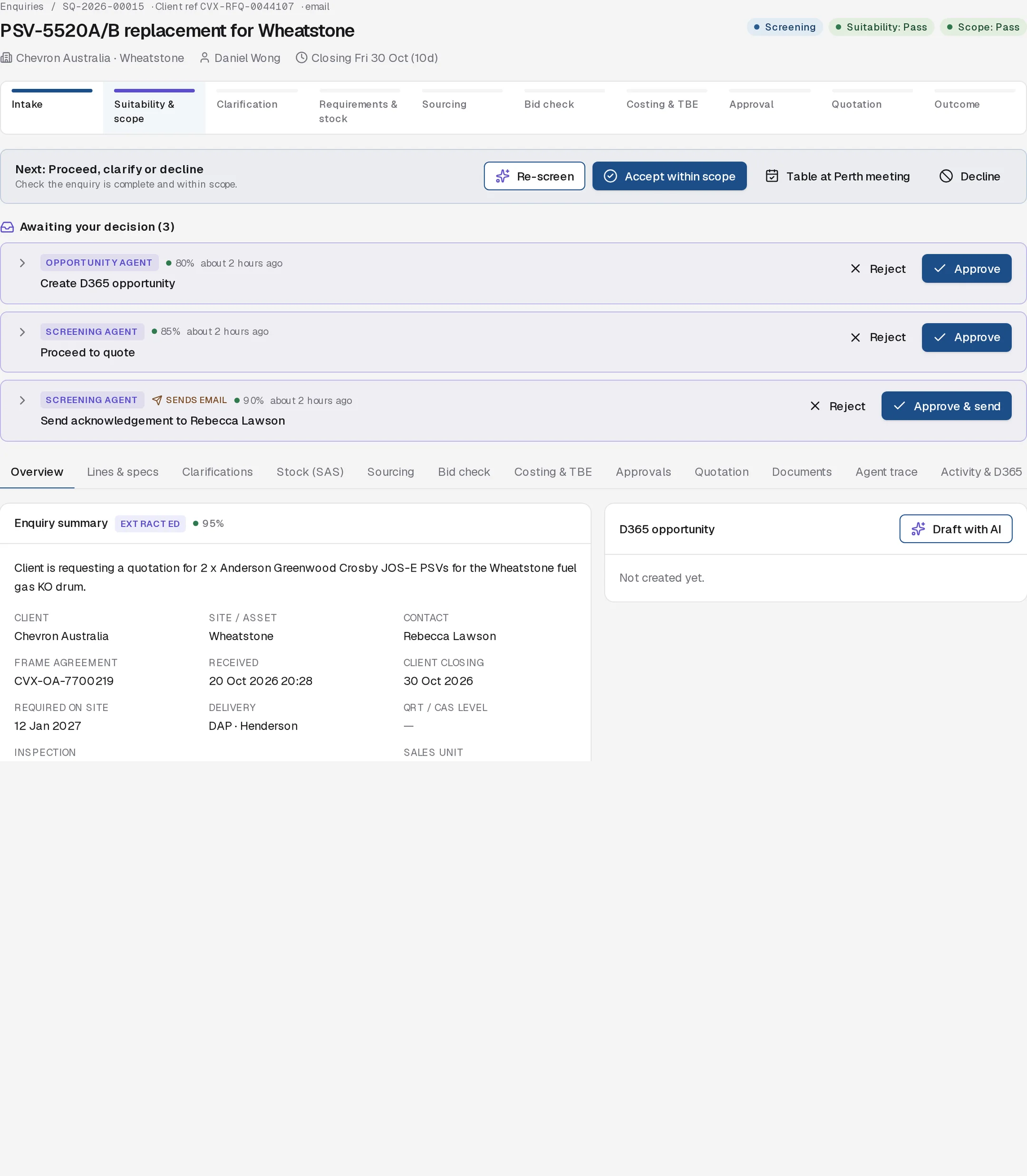 Enquiry header with status, suitability and scope pills, stage bar, next step and proposals