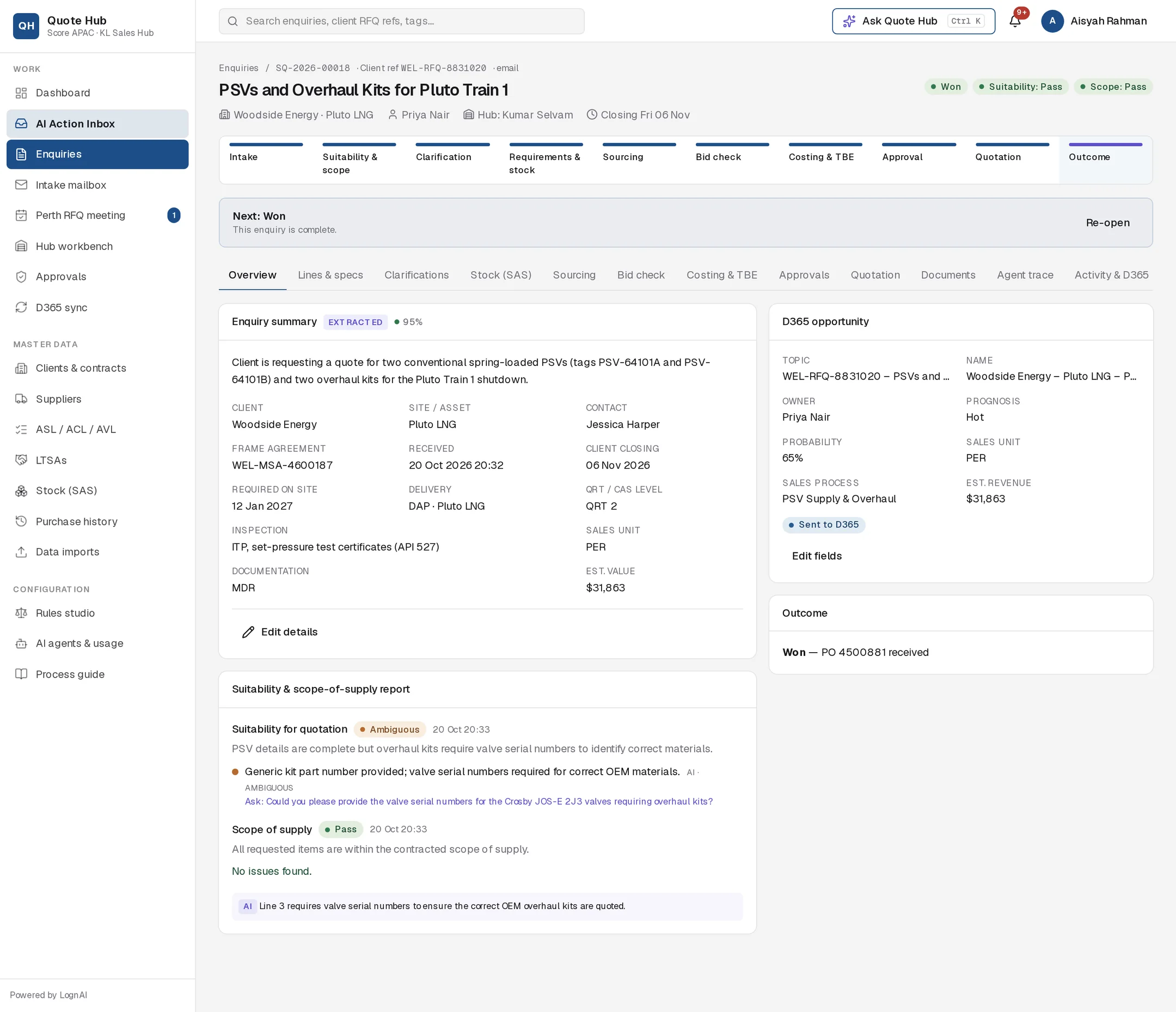 An enquiry in Quote Hub
