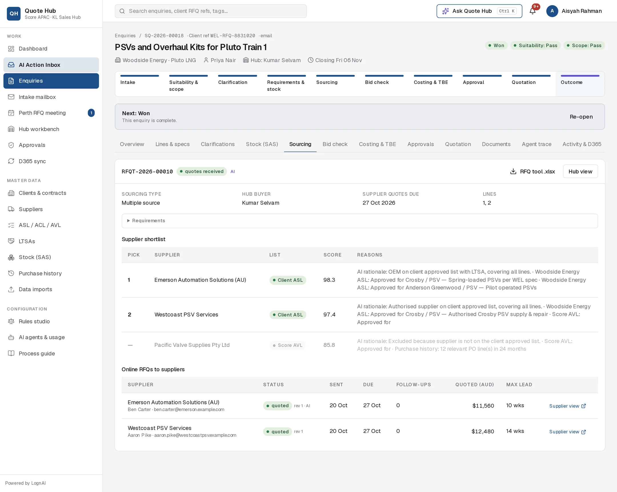 Sourcing tab with RFQ form RFQT-2026-00010, a ranked supplier shortlist and the online RFQs sent to two suppliers