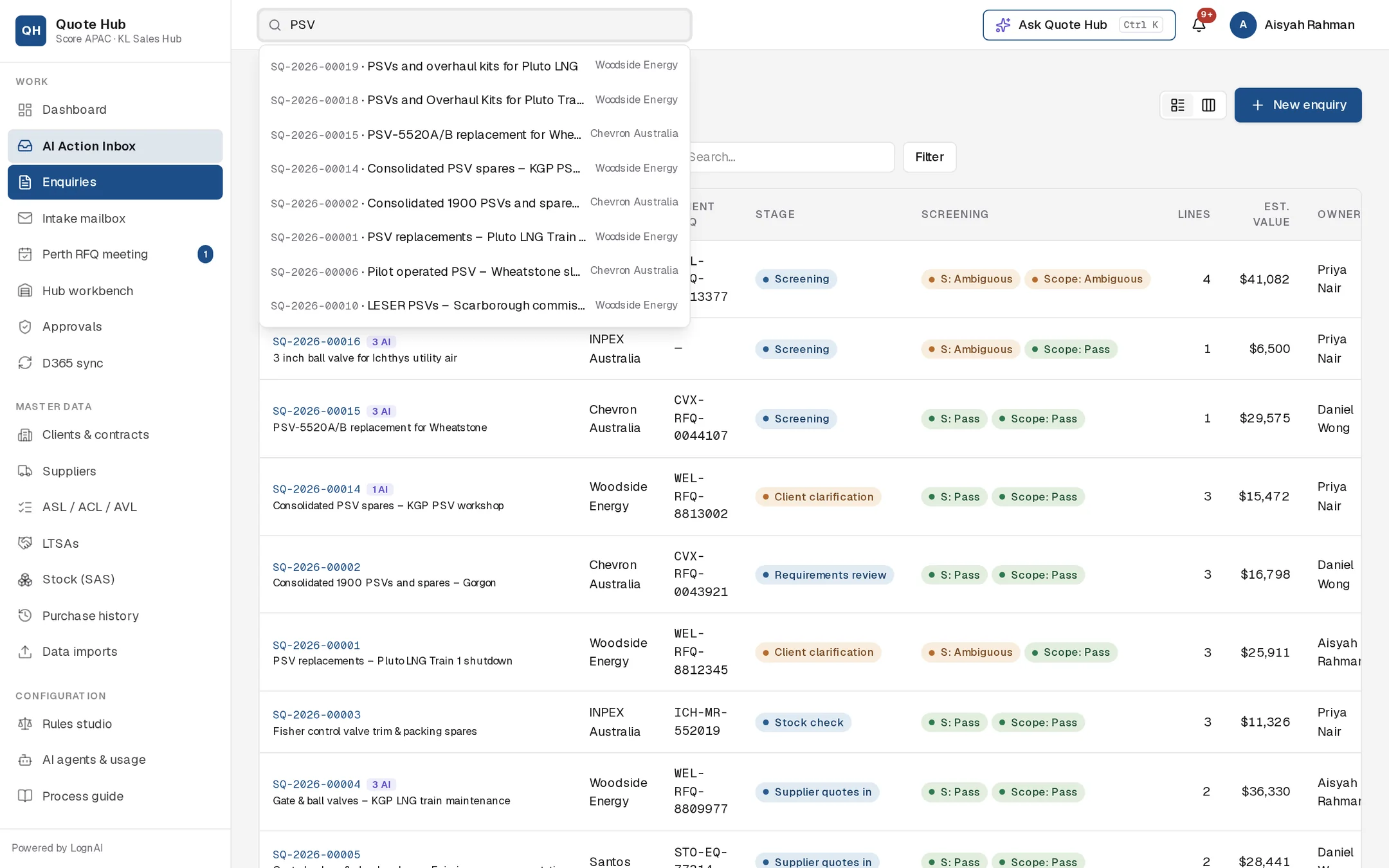 Search results for PSV showing eight enquiries with client names