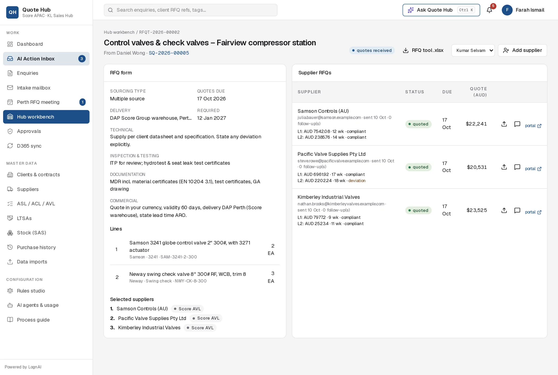 Hub request with three supplier quotes received, line prices, lead times and one deviation