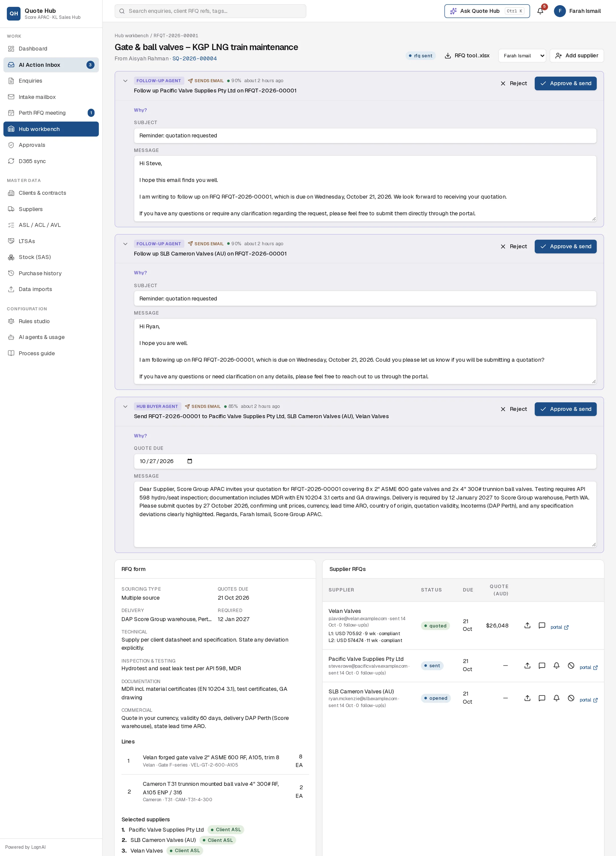 Hub request RFQT-2026-00001 with two follow-up proposals, a Hub Buyer Agent RFQ draft and the supplier RFQ table