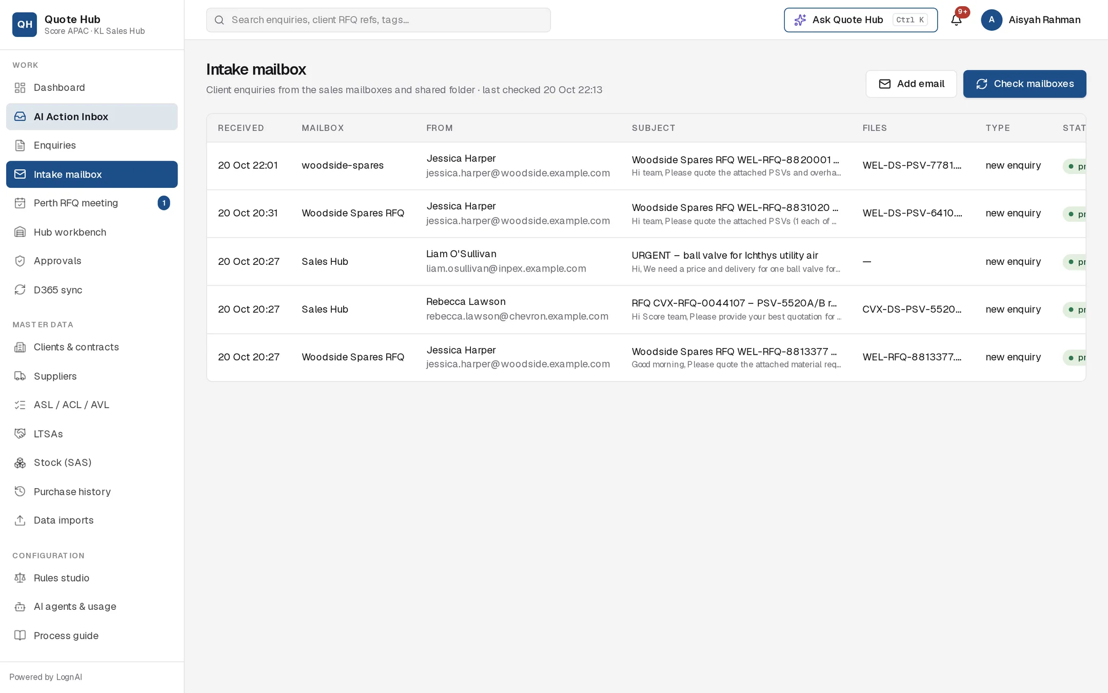 Intake mailbox listing four client emails, each classified as a new enquiry