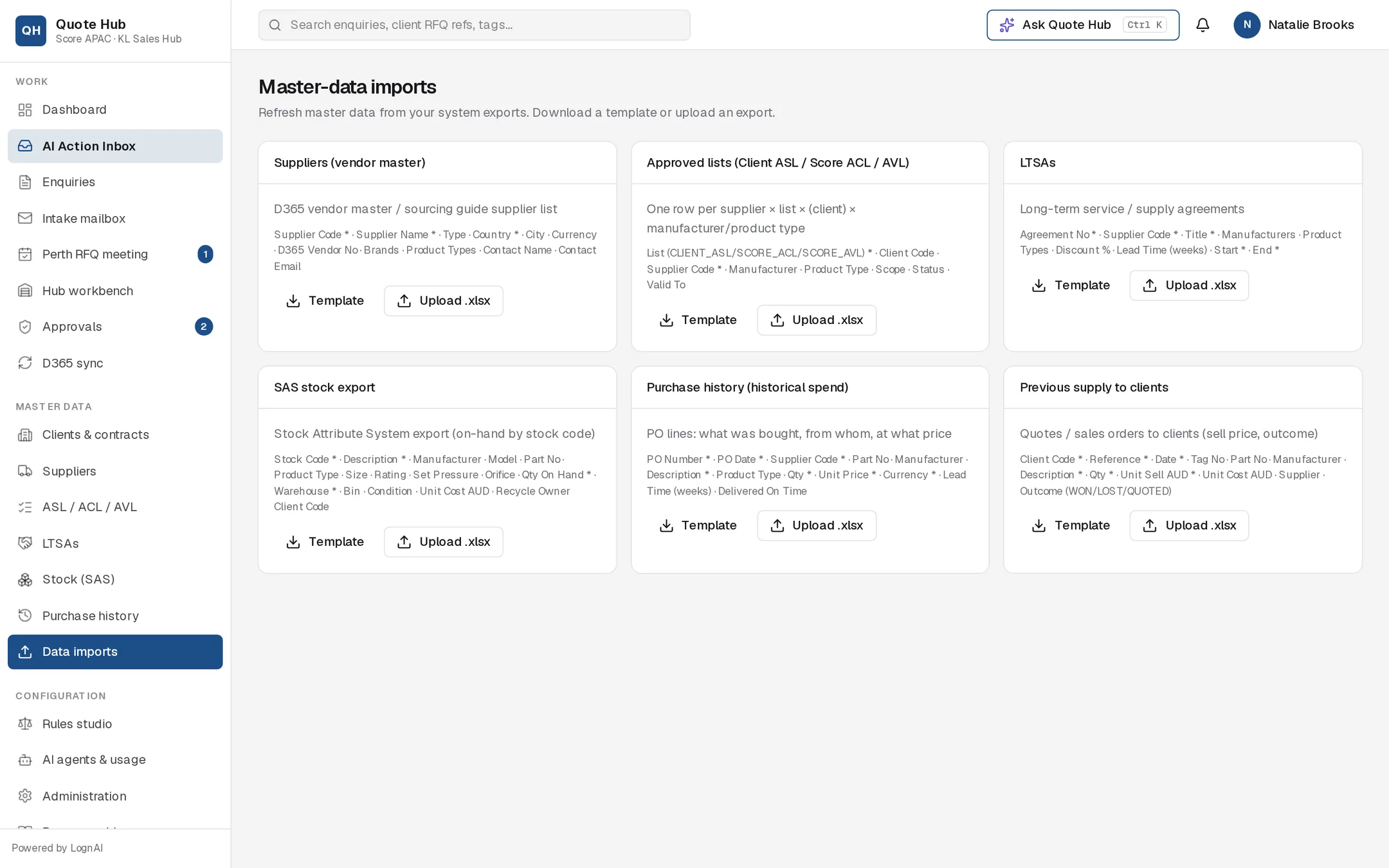Master-data imports page with six import cards