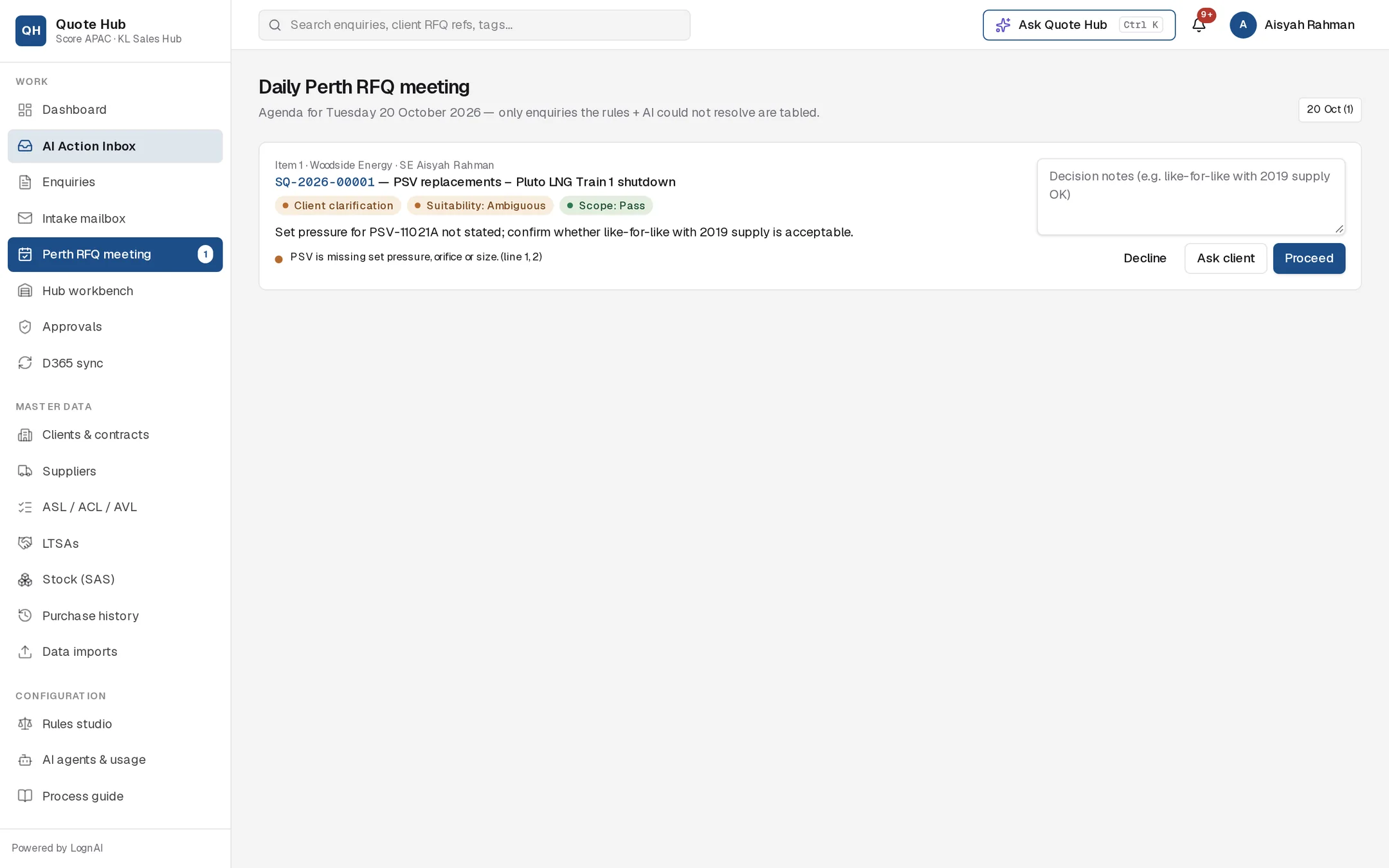 Daily Perth RFQ meeting agenda with one tabled enquiry and the decision buttons