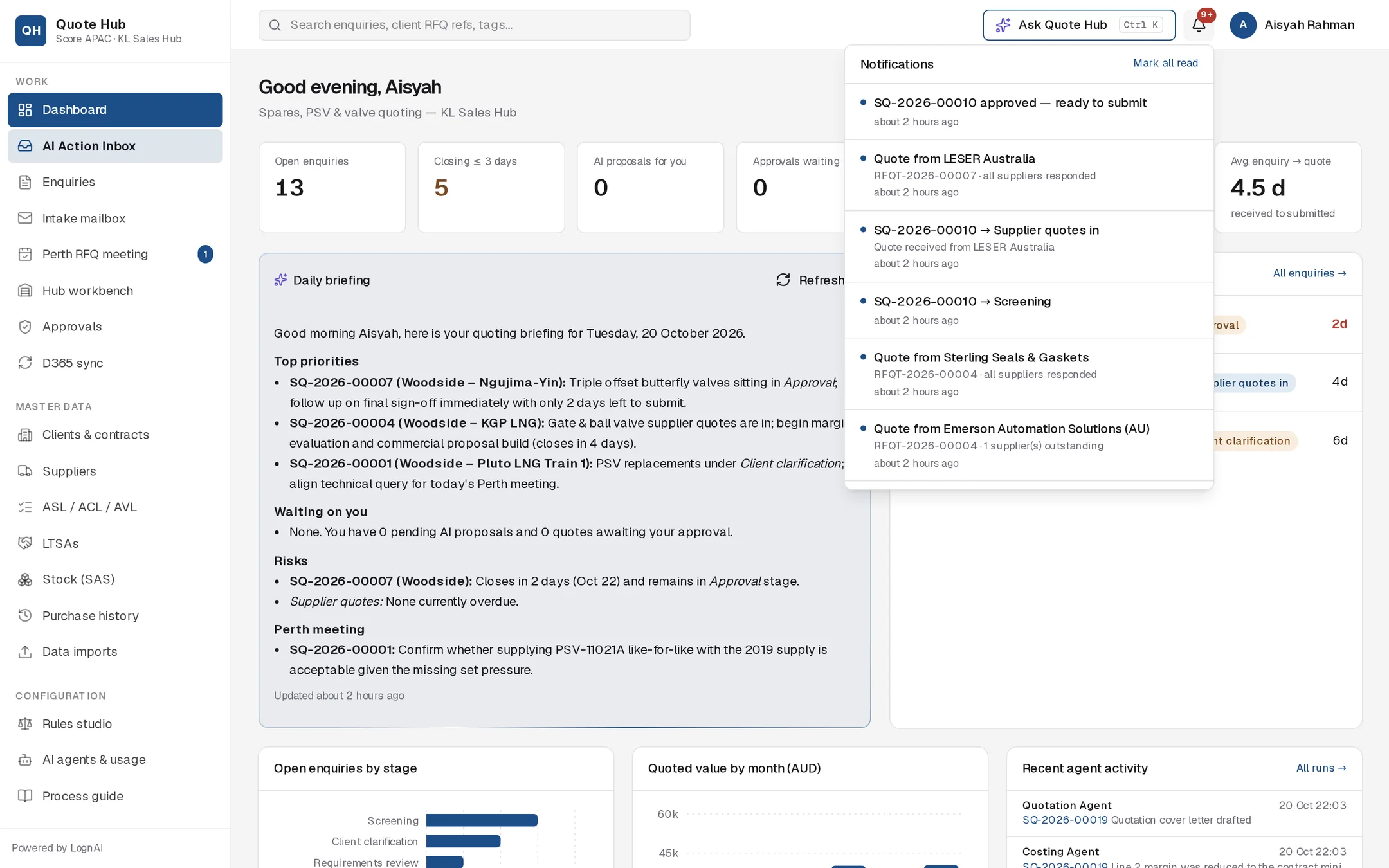 Notification panel listing approvals, supplier quotes and status changes