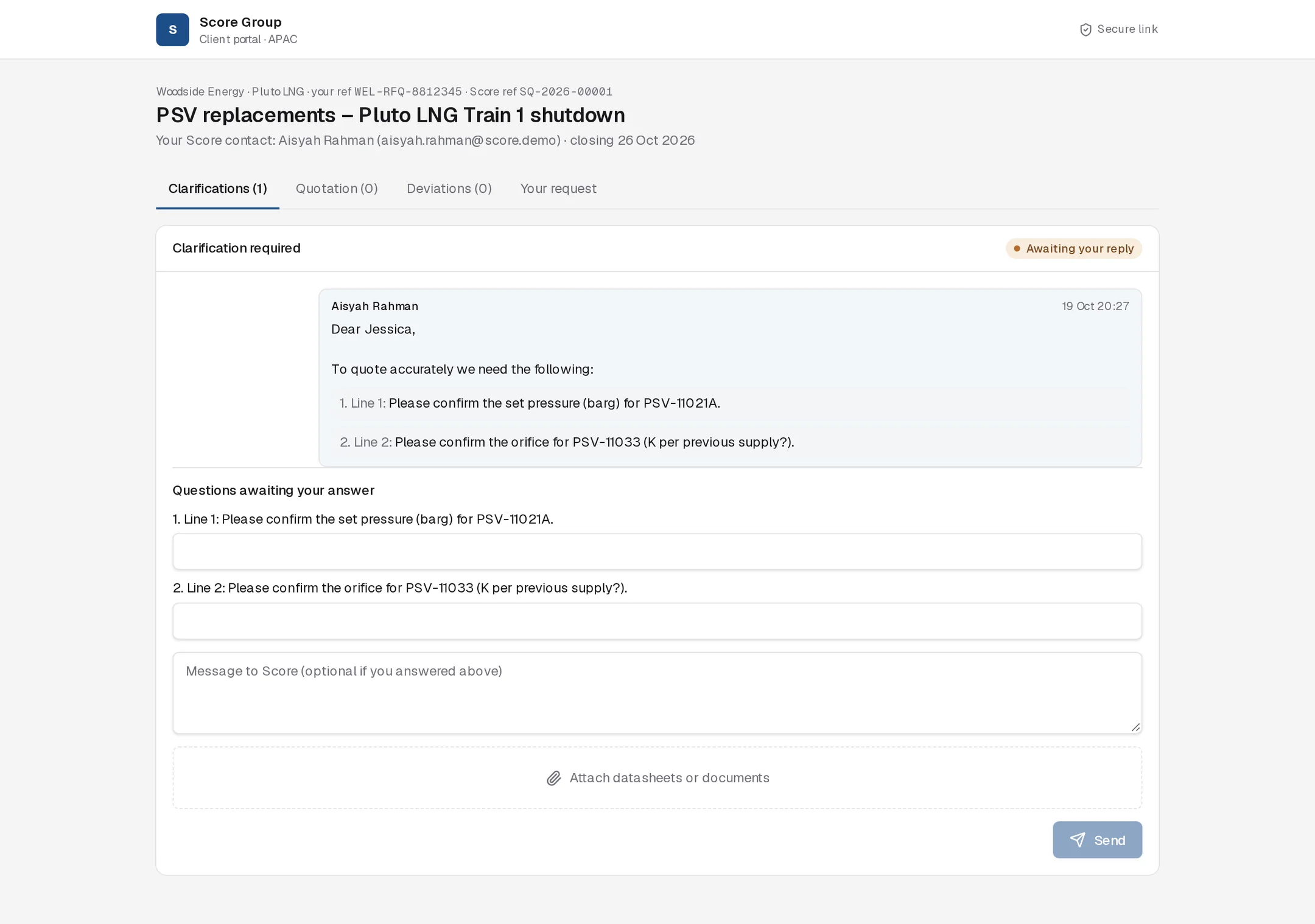 Client portal for SQ-2026-00001 with two clarification questions awaiting the client's answer, a message box and an attachment area
