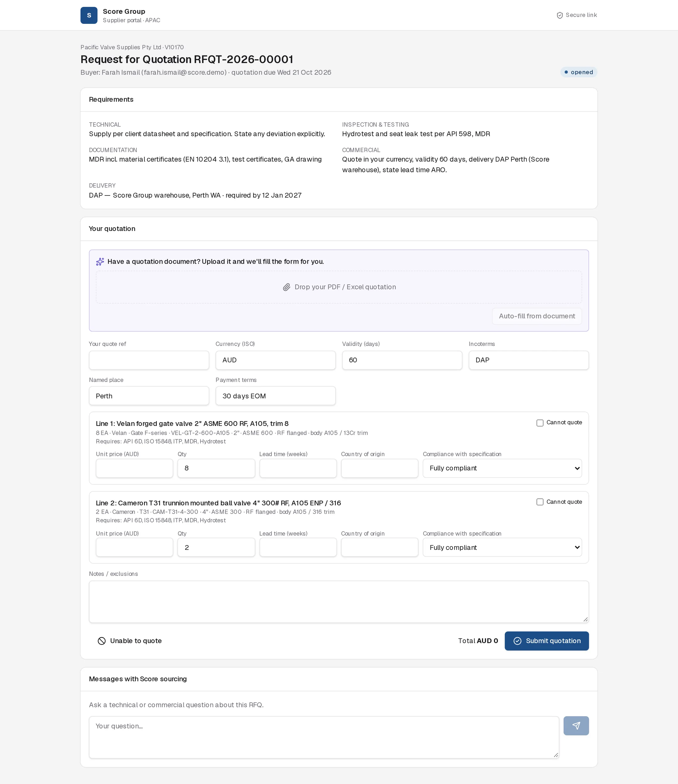 Supplier portal for a new RFQ showing requirements, the auto-fill box, header fields and the blank quotation form