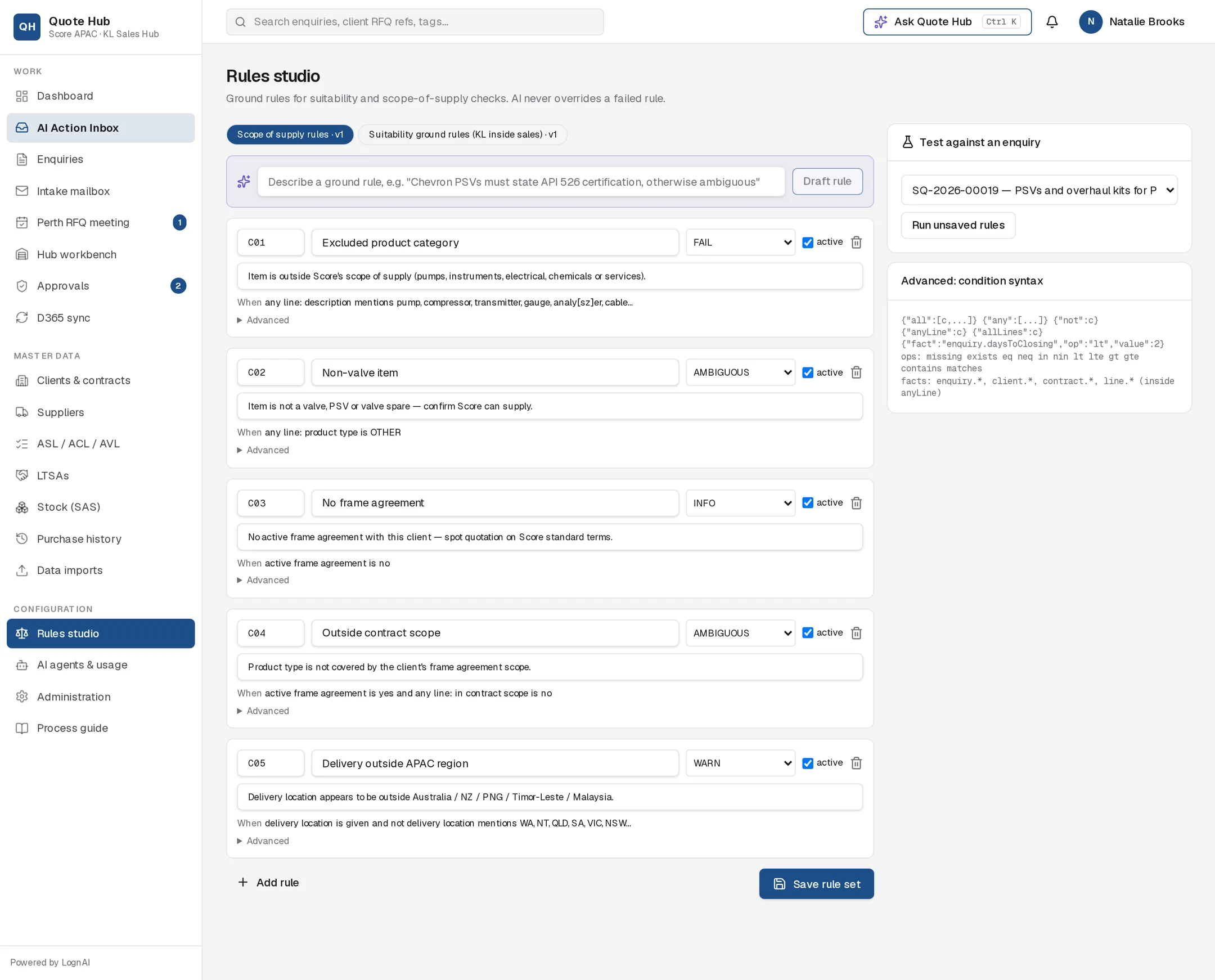 Rules studio showing the Scope of supply rule set with five rules and the test panel