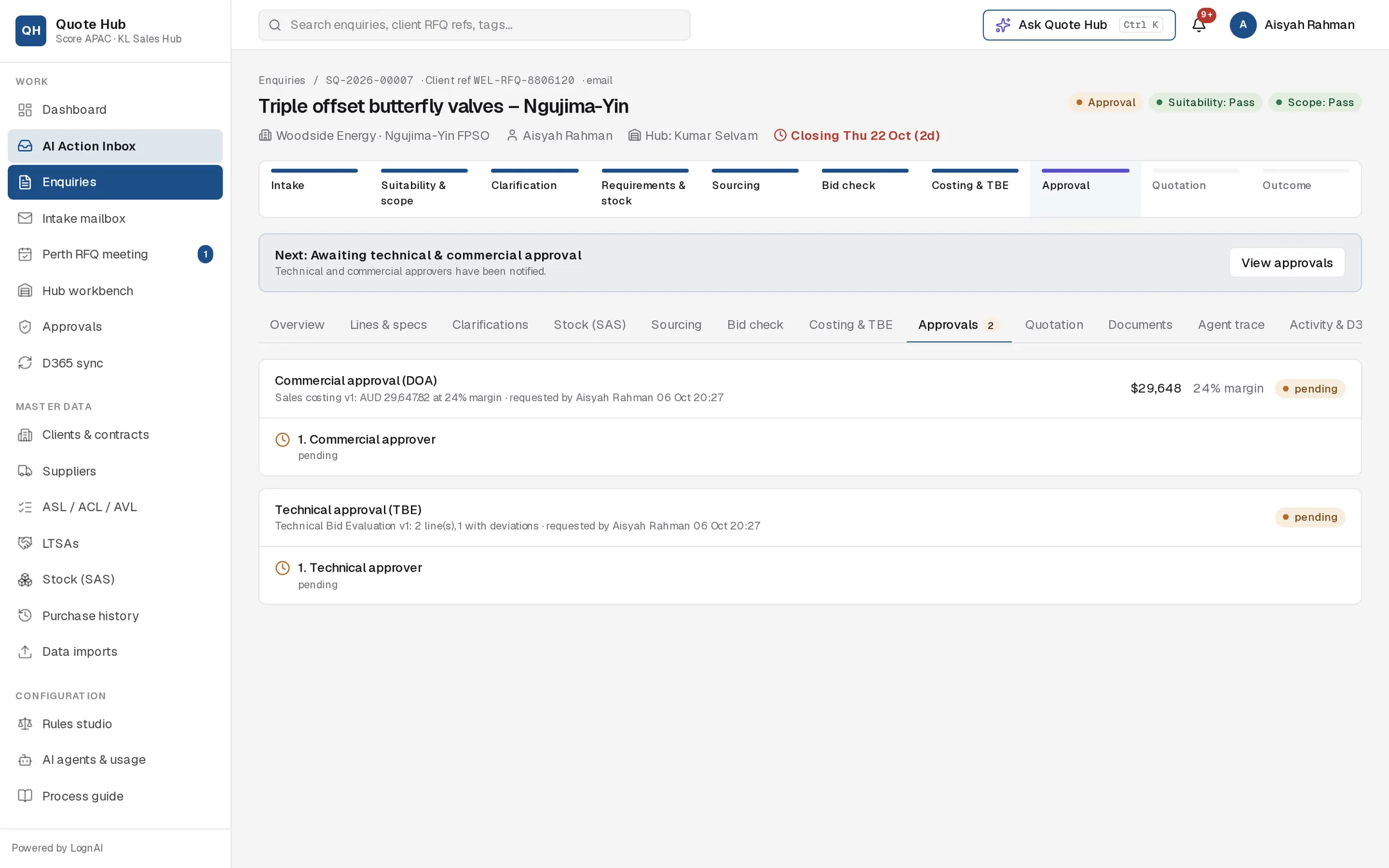 Approvals tab with a pending commercial approval and a pending technical approval