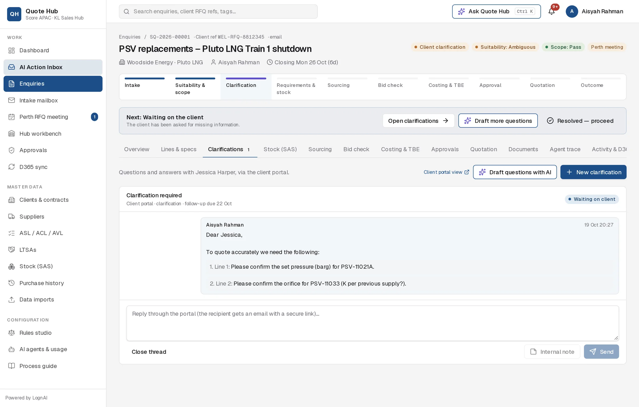 Clarifications tab with an open client thread and two questions