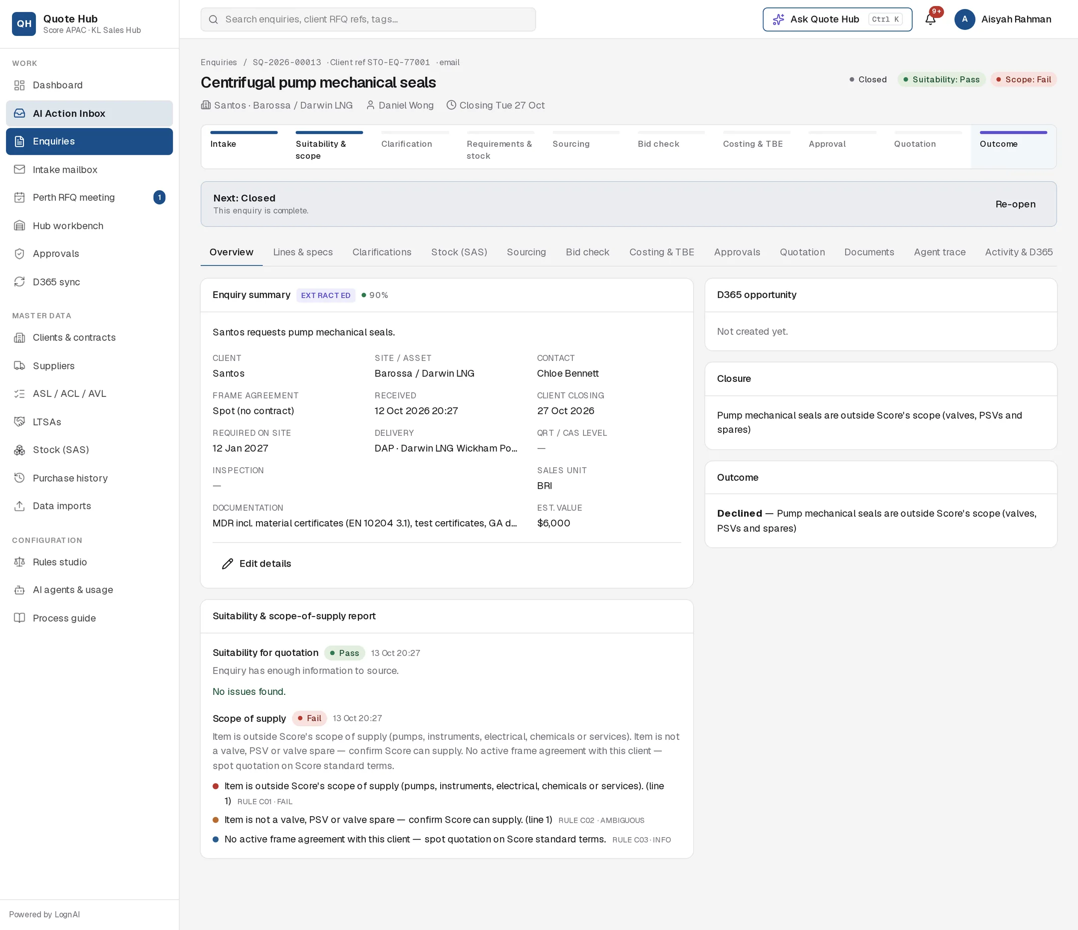 Closed enquiry showing the closure reason and the failed scope rules