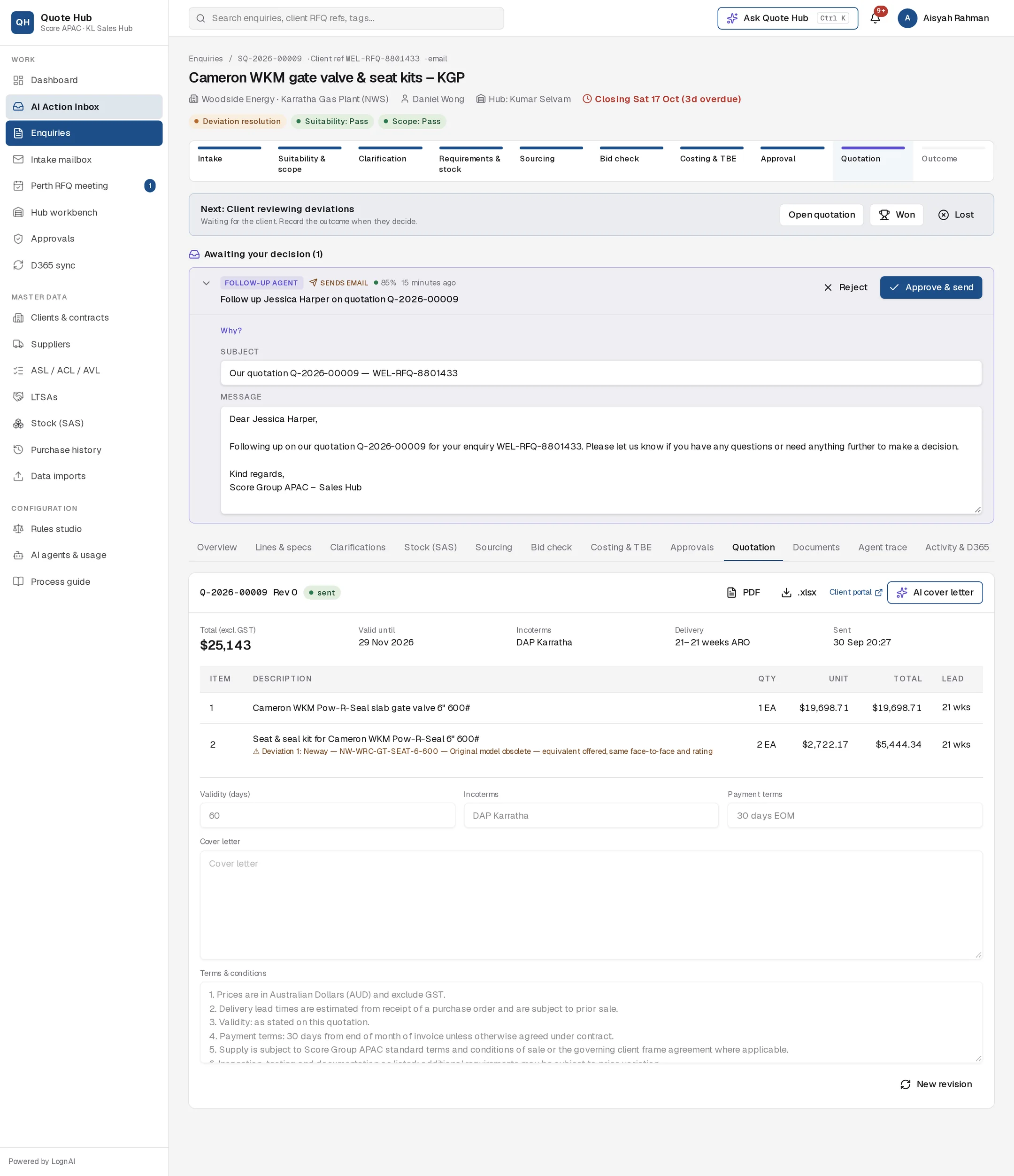 Sent quotation with one deviation while the client reviews deviations