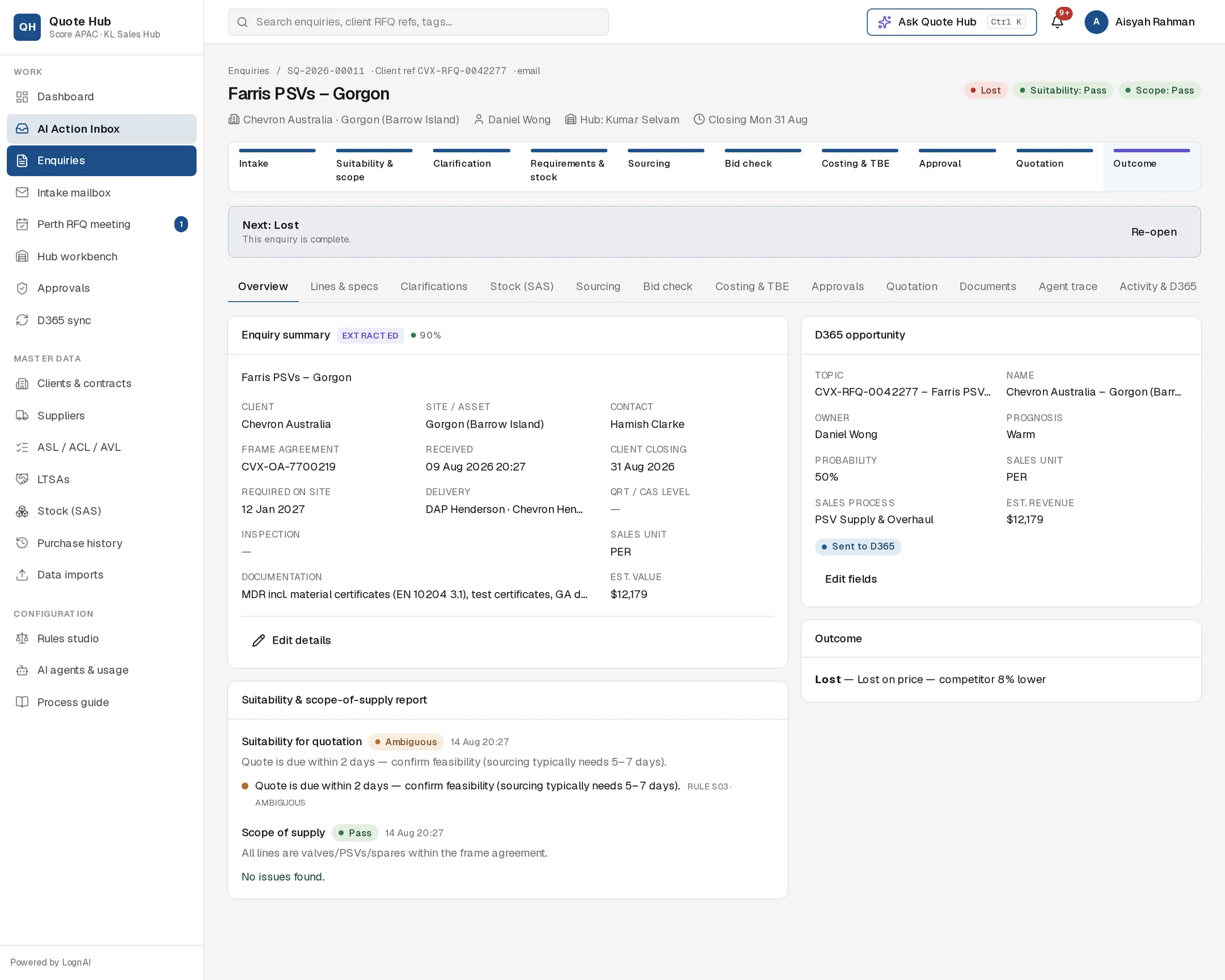 Lost enquiry overview with the Outcome card reading Lost — Lost on price, competitor 8% lower