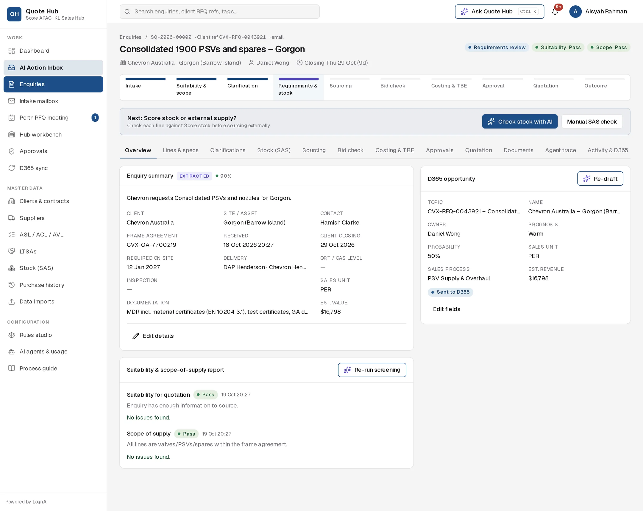 Overview at requirements review with the next step to check stock
