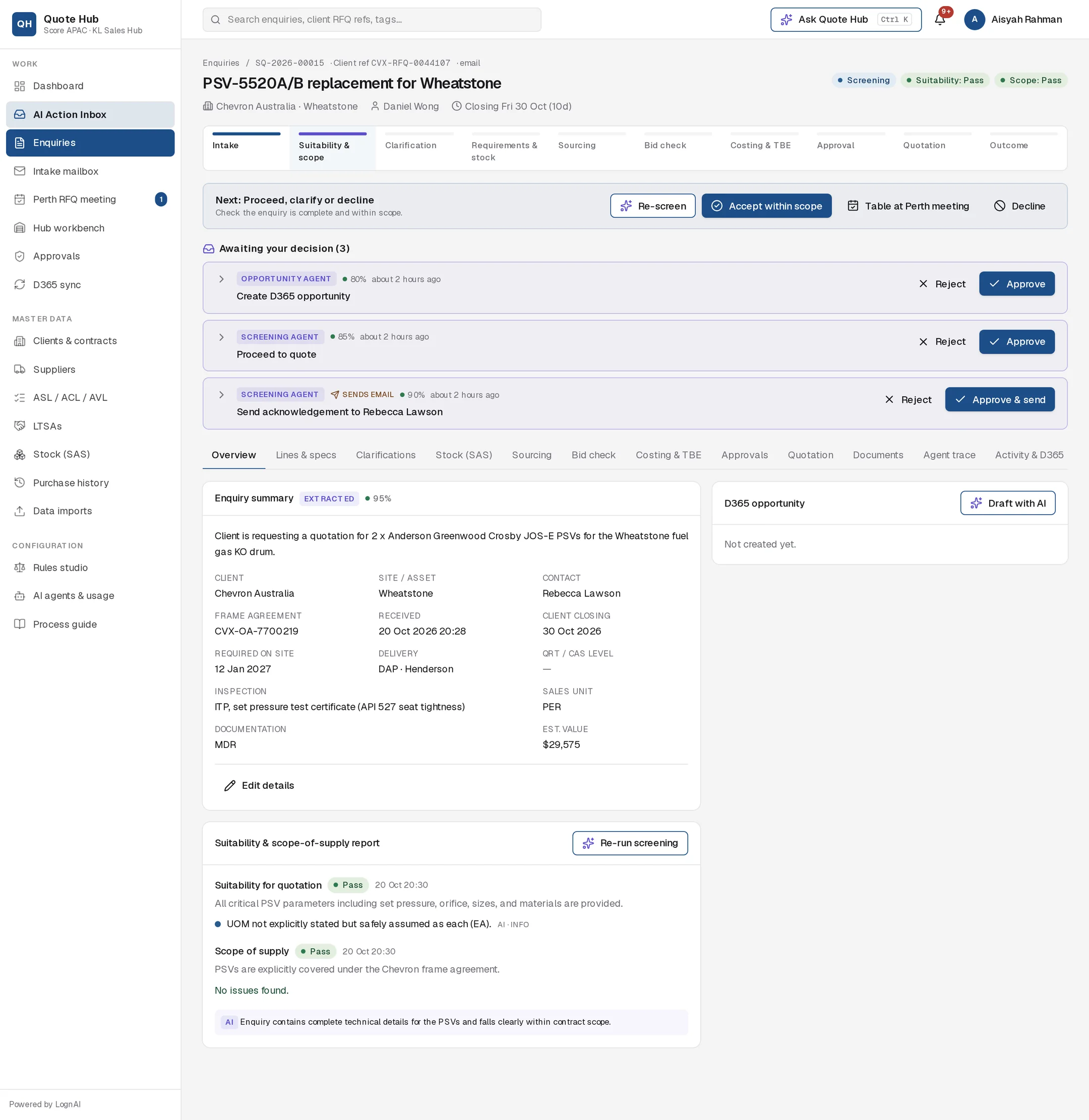 Enquiry at screening with three AI proposals and the suitability and scope report